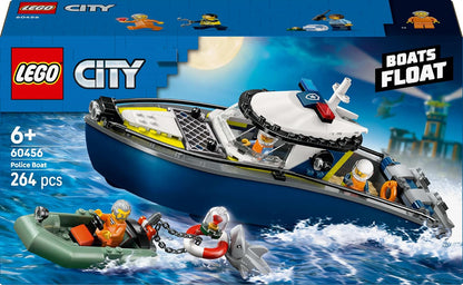 LEGO Conjunto de Perseguição de Barco Policial City - inclui 2 barcos de brinquedo, 3 minifiguras e um tubarão - Presente para meninos e meninas a partir de 6 anos - 60456