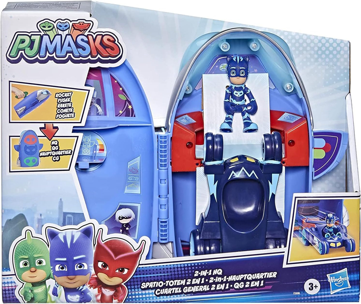PJ Masks Brinquedo  2 em 1: Quartel-General e Foguete – Conjunto Pré-Escolar com Boneco de Ação e Veículo para Crianças a Partir de 3 Anos