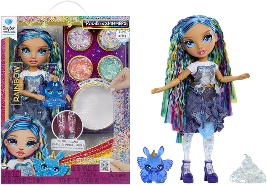 Rainbow High Rainbow Shimmers com Slime - Skyler, Azul - Boneca Fashion de 28cm, Acompanha Kit de Slime e um Coelhinho de Pelúcia, Indicada para Crianças a partir de 4 Anos