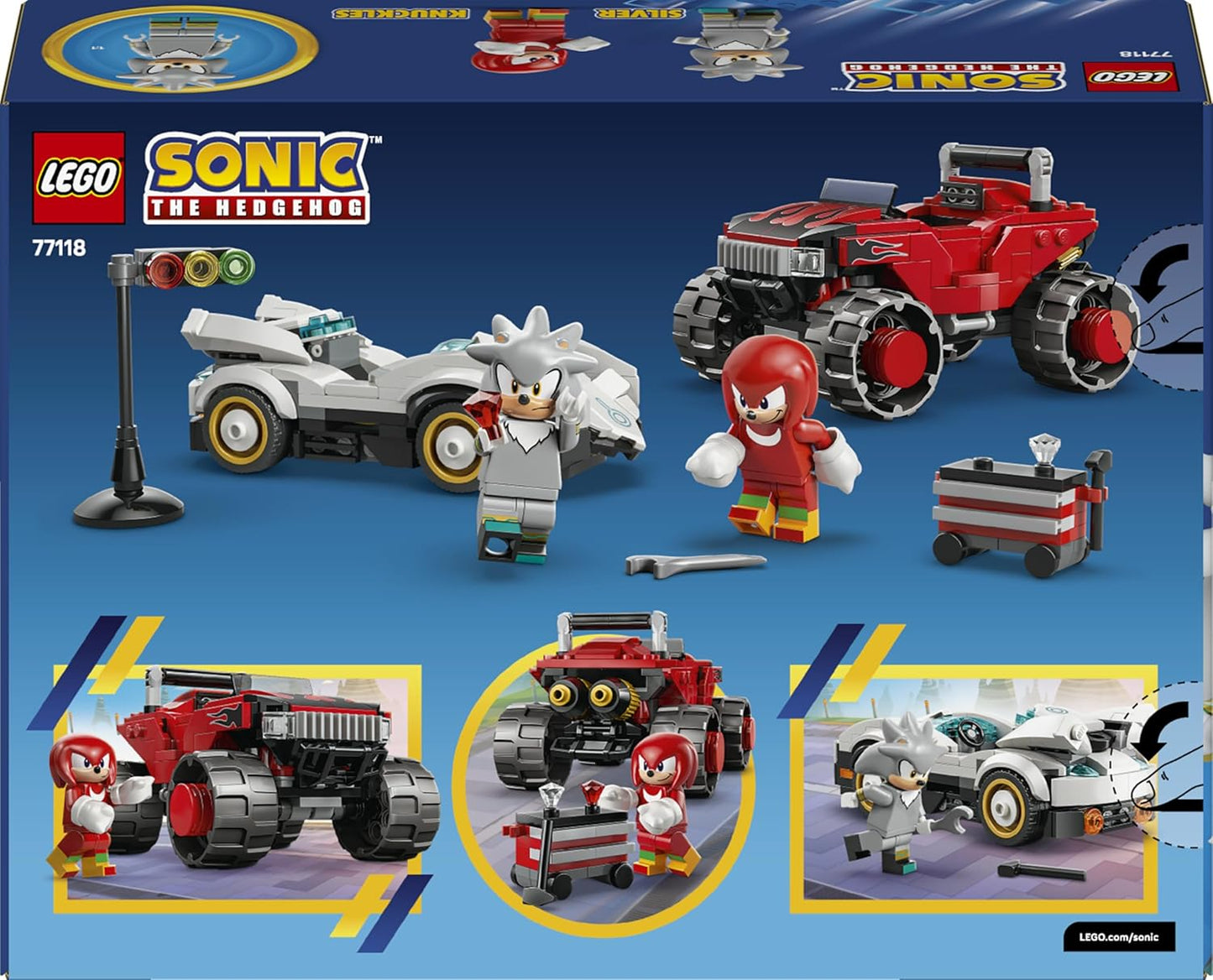 LEGO Sonic the Hedgehog Carro do Silver vs. Caminhão Monstro do Knuckles - Inclui 2 minifiguras e 2 Esmeraldas do Caos - Presente para crianças a partir de 8 anos - 77118