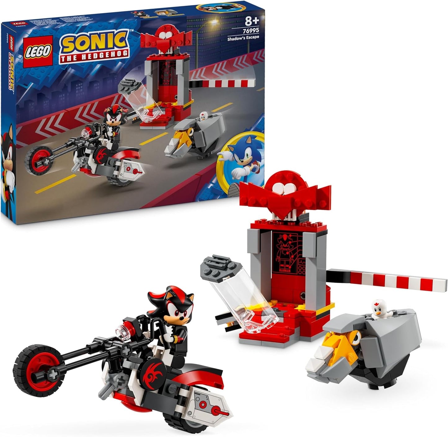LEGO Sonic the Hedgehog Shadow the Hedgehog Escape, brinquedo de motocicleta para crianças, meninos e meninas de 8 anos ou mais com laboratório edificável, Badnik Rhinobot e figuras de personagens de videogame Clucky, presentes para jogadores 76995