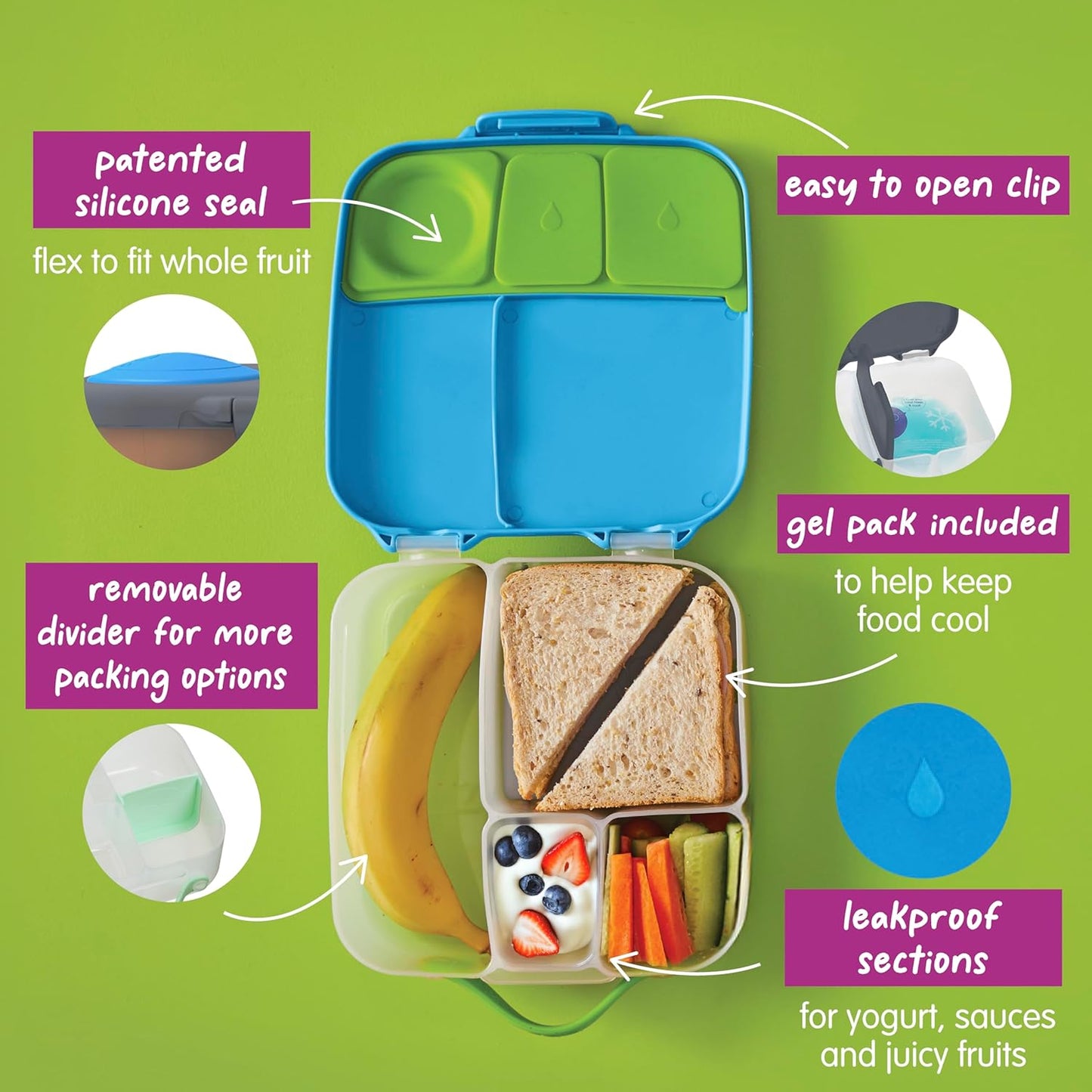 b.box Lancheira | Caixa Bento Grande com 4 Compartimentos (2 à Prova de Vazamentos), Divisória Removível, Bolsa Térmica de Gelo | Ideal para a Escola | a partir de 3 anos | Capacidade de 2L