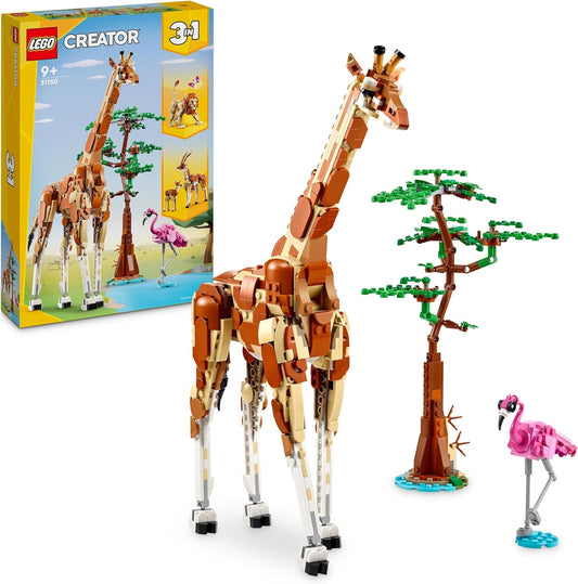 LEGO Criador 3 em 1 animais selvagens de safari, brinquedo de girafa para figuras de gazela para modelo de leão, conjunto para crianças, meninas e meninos de 9 anos ou mais, inclui flamingo e borboleta, presentes da natureza
