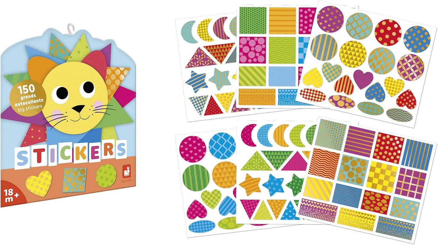 Janod - 150 Adesivos Grandes - Ideal a partir de 18 meses - Adesivos Autoadesivos - Formas Geométricas - Lazer criativo para crianças - Motricidade fina e concentração - J09194