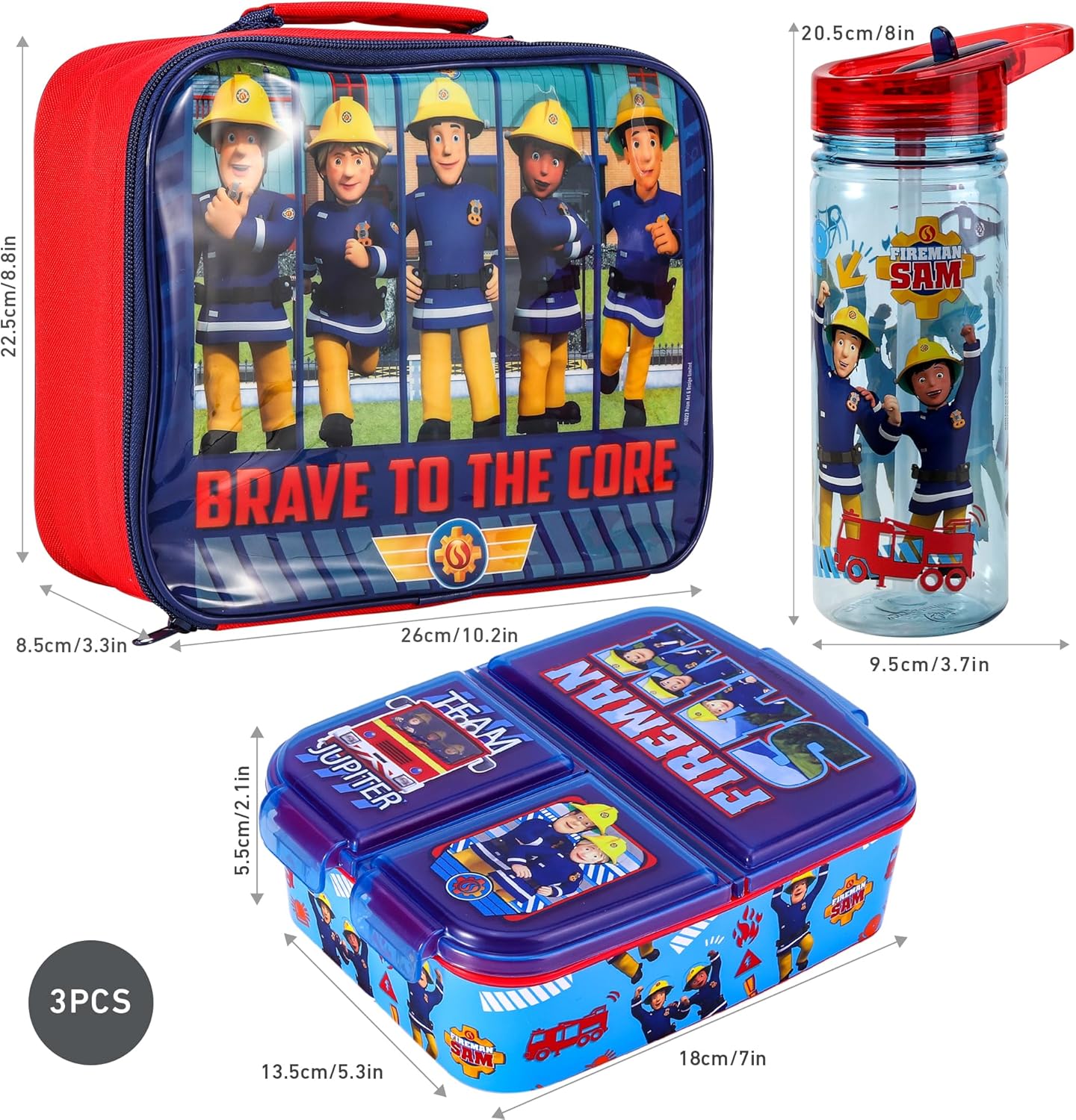 Zawadi Conjunto de lancheira infantil Global Fireman Sam Kids - lancheira isolada, lancheira com vários compartimentos e garrafa de água de 580 ml - conjunto de comida para almoço de viagem escolar,