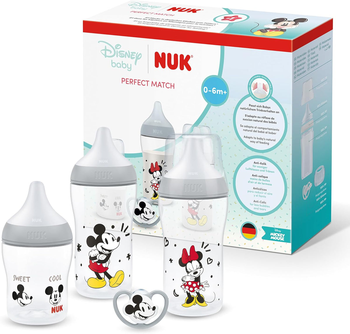 NUK Kit de Mamadeiras e Chupeta Perfect Match para Recém-Nascidos | 0-6 Meses | 3 Mamadeiras Anticólicas (150 ml, 260 ml), 1 Chupeta Perfect Match Air | Disney Mickey Mouse | Kit com 4 Itens