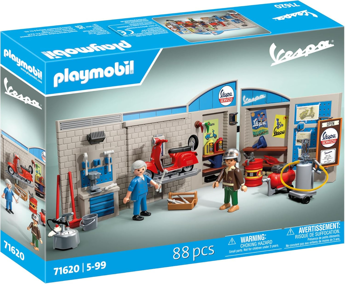 Playmobil Carros 71620: Garagem Vespa dos anos 60, incluindo plataforma elevatória móvel, com acessórios versáteis para uma oficina autêntica, para entusiastas de veículos, crianças e adultos