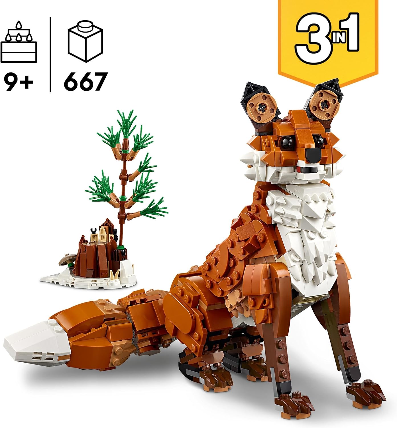 LEGO Criador de animais da floresta 3 em 1: brinquedo de raposa vermelha para figura de coruja para modelo de esquilo, brinquedos de animais da floresta para crianças, meninas e meninos de mais de 9 anos, faz uma decoração divertida de quarto,