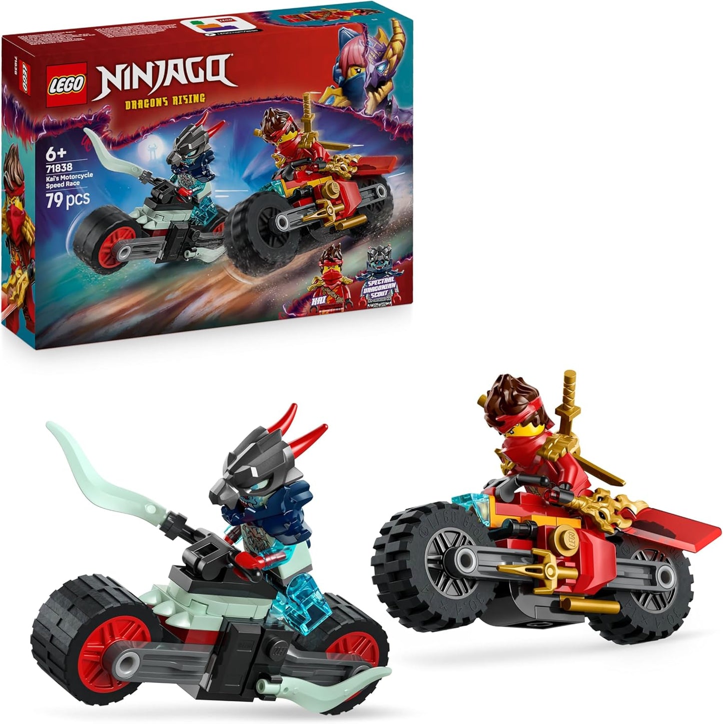 LEGO Conjunto de Corrida de Motocicleta NINJAGO Kai - 2 Brinquedos de Moto Ninja com Rodas Giratórias e 2 Minifiguras com Acessórios de Armas - Presente para Meninos a partir de 6 Anos e Fãs de Dragons Rising - 71838