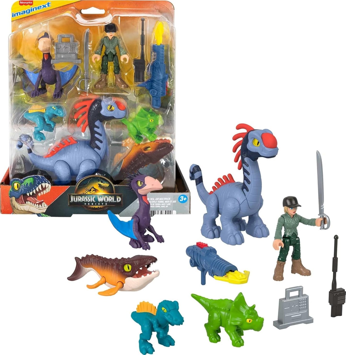 Fisher-Price Conjunto de figuras de ação Imaginext Jurassic World Rebirth com 1 humano de 7,6 cm, 5 dinossauros, lançador de brinquedos e acessórios, JFR25
