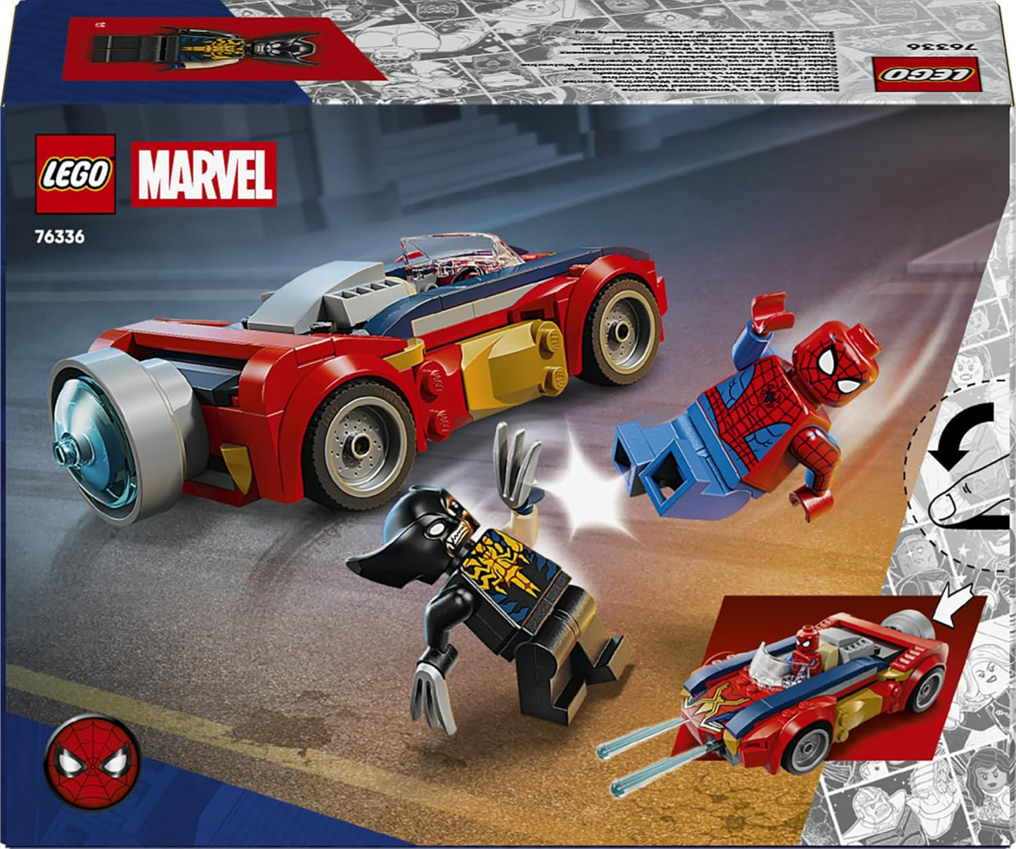 LEGO | Marvel Homem-Aranha Carro vs. Wolverine Venomizado - Brinquedo de Super-Herói com um Modelo de Carro, 2 Minifiguras e 2 Lançadores de Mola - Presente para Meninos e Fãs a partir de 7 Anos - 76336