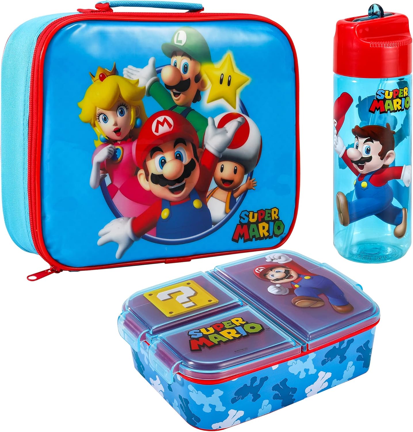 Conjunto de lancheira infantil Super Mario Kids - lancheira isolada, lancheira com vários compartimentos e garrafa de água de 580ml - conjunto de comida para almoço de viagem escolar, sem BPA