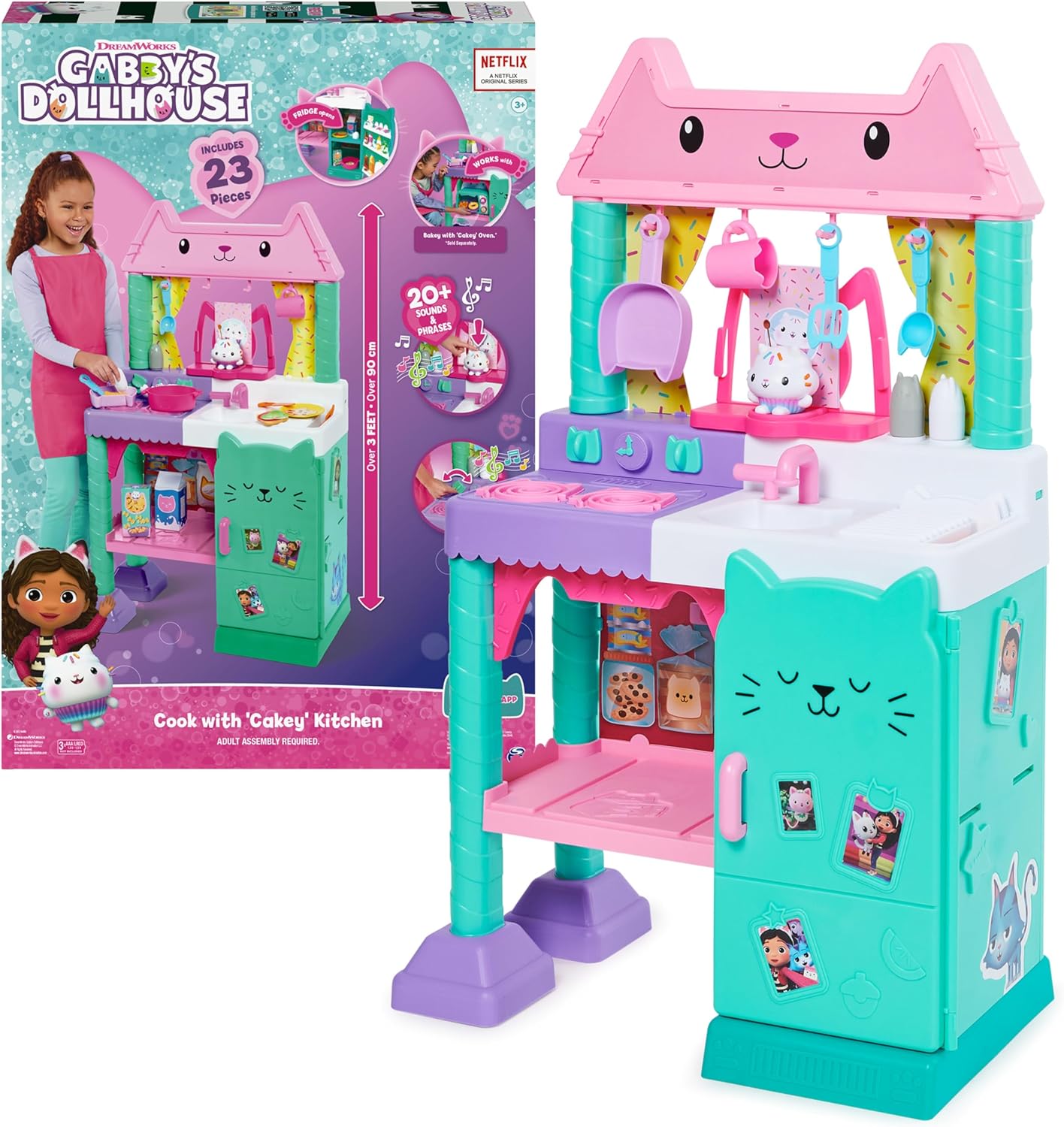 Gabby’s Dollhouse, Cozinha de Brinquedo Cakey para Crianças com Acessórios de Cozinha, Comidinhas de Brinquedo, Sons, Música e Brinquedos para Meninas e Meninos a partir de 3 Anos