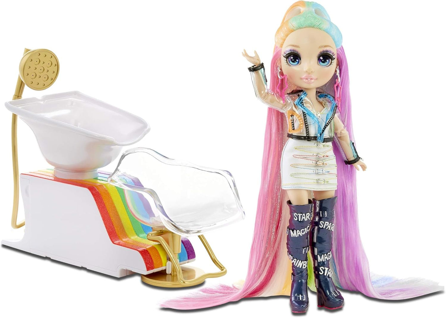 Conjunto de salão de cabeleireiro Rainbow High 567448E7C, com cadeira de salão com função de água e mais de 20 surpresas!