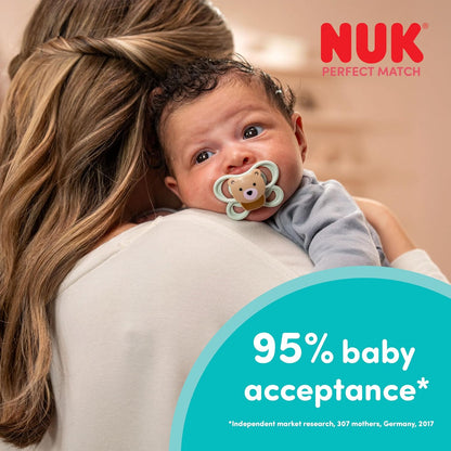 NUK Chupetas Perfect Match Air | 0-6 Meses | Chupetas ortodônticas que favorecem a circulação de ar e previnem irritações causadas pela saliva | 95% de aceitação pelos bebês** | Modelos variados | Embalagem com 4 unidades