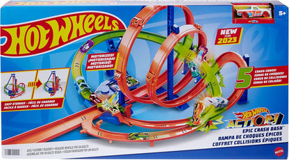Hot Wheels Pista Epic Crash Dash com 5 Zonas de Colisão, Impulsor Motorizado e 1 Carrinho Hot Wheels em Escala 1:64, Fácil de Guardar, HNL97