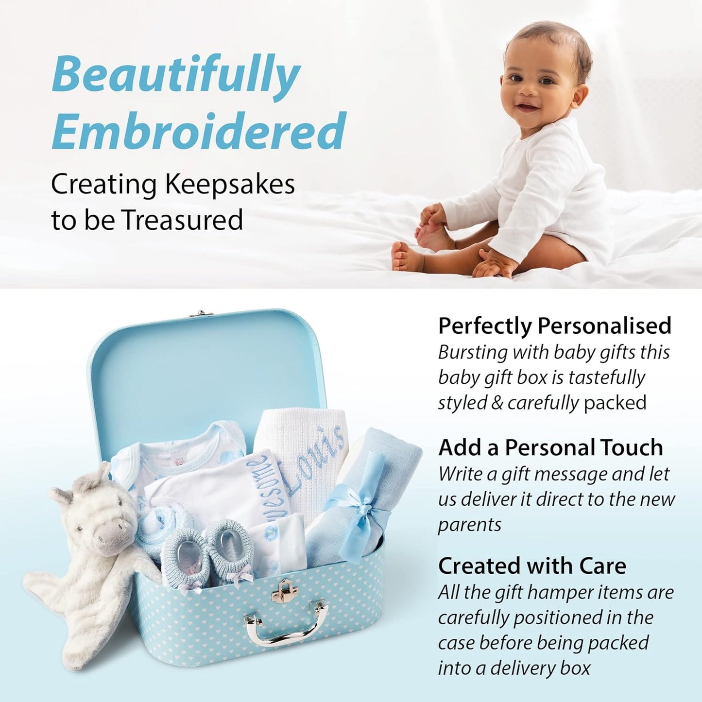 Ellabellaboo Loja Baby Box - Conjunto de presentes personalizados para bebês meninos Cesta para recém-nascidos - Presentes personalizados exclusivos, cesta para bebês com itens essenciais Ideia de presente neutra e para revelação do gênero
