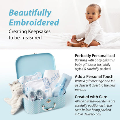 Ellabellaboo Loja Baby Box - Conjunto de presentes personalizados para bebês meninos Cesta para recém-nascidos - Presentes personalizados exclusivos, cesta para bebês com itens essenciais Ideia de presente neutra e para revelação do gênero