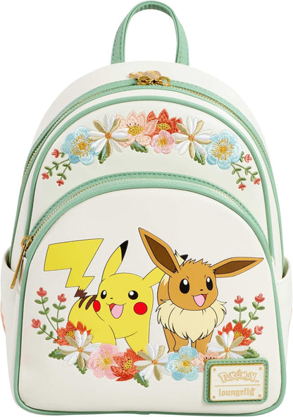 Loungefly Pokémon - Pikachu e Eevee - Mini mochila floral - Couro vegano premium - Ideia de presente - Produtos oficiais - Para meninos, meninas, homens e mulheres - Fãs de anime