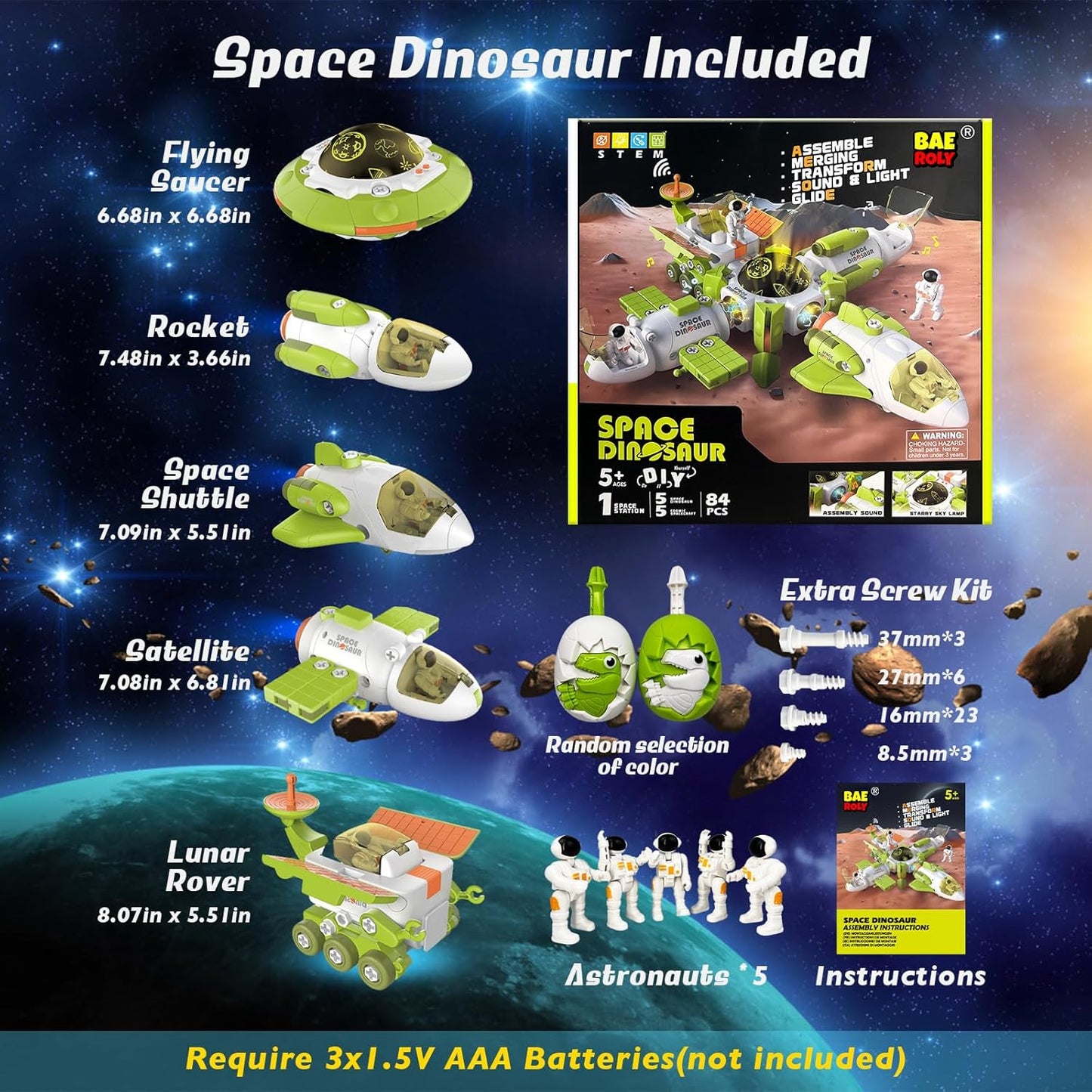 Conjunto de Brinquedos Transformáveis 5 em 1 com Dinossauros Espaciais - Estação Espacial desmontável que se transforma em 5 dinossauros de brinquedo ou 5 naves espaciais de brinquedo para meninos e meninas de 3 a 9 anos,