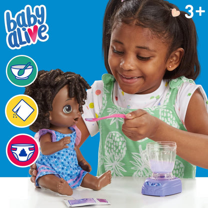 Baby Alive Magic Mixer Baby Doll Blueberry Blast com acessórios de liquidificador, bebidas, molha, come, brinquedo de cabelo preto para crianças a partir de 3 anos