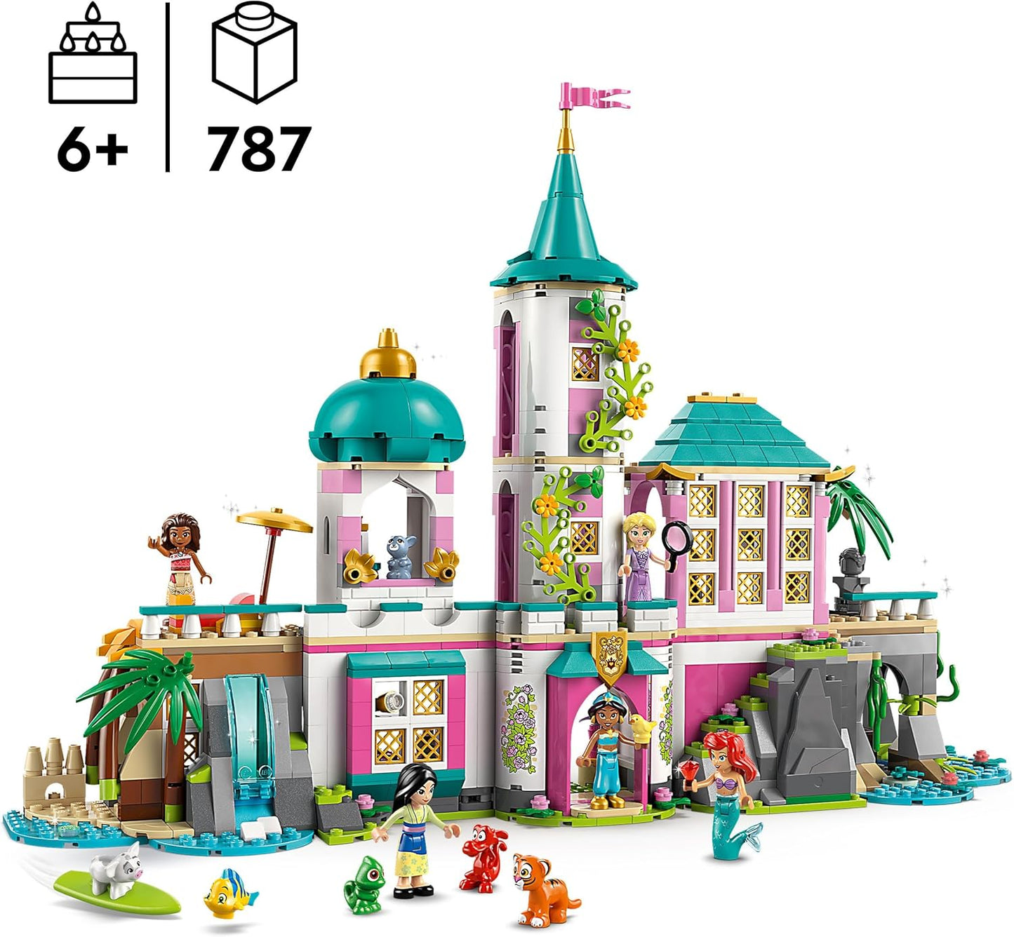 LEGO ǀ Castelo das Princesas Disney e Animais de Estimação Reais - Brinquedo Modular com Interior Detalhado - Inclui Mini Bonecas da Ariel, Rapunzel, Mulan, Jasmine e Moana com seus Animais de Estimação - Presente para Meninas a partir de 6 Anos - 43267