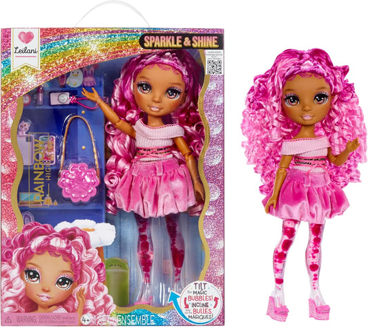 Boneca Rainbow High Sparkle & Shine - Leilani - Boneca Fashion de 28cm com Cabelo Rosa e Bolhas Mágicas nas Pernas, Colorida, Estilosa, Divertida, Colecionável, Para Crianças de 4 a 12 Anos ou Mais