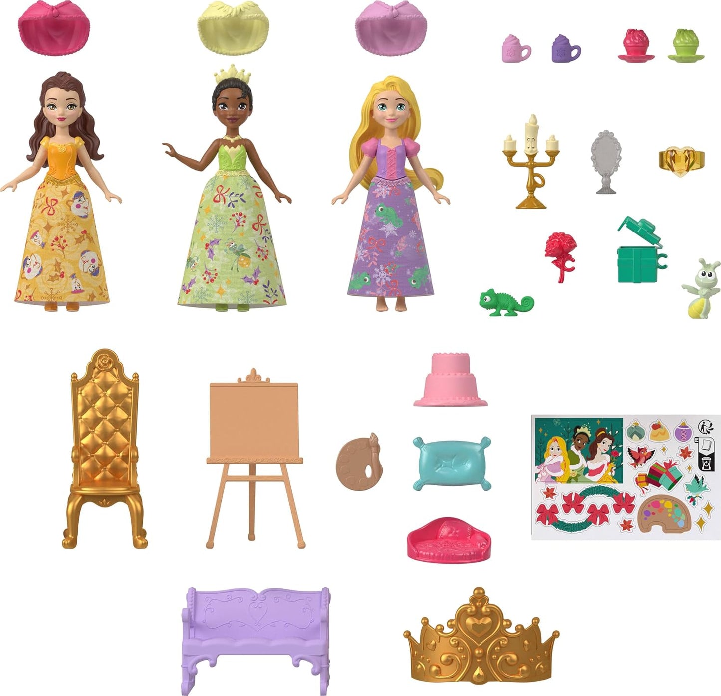 Mattel Calendário do Advento Disney Princess da com Bonecas Rapunzel, Tiana e Bela | 24 Dias de Surpresas: 3 Bonecas Pequenas com Visuais de Inverno, 3 Figuras de Personagens, 6 Looks e 16 Acessórios, JFG79