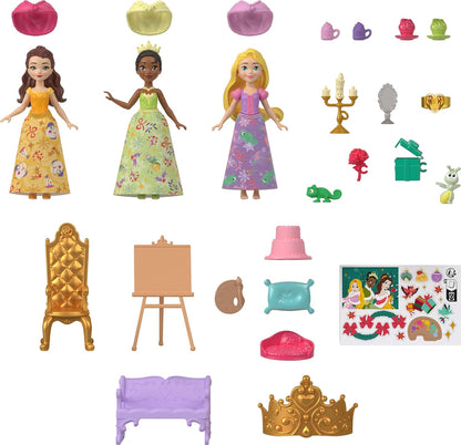 Mattel Calendário do Advento Disney Princess da com Bonecas Rapunzel, Tiana e Bela | 24 Dias de Surpresas: 3 Bonecas Pequenas com Visuais de Inverno, 3 Figuras de Personagens, 6 Looks e 16 Acessórios, JFG79