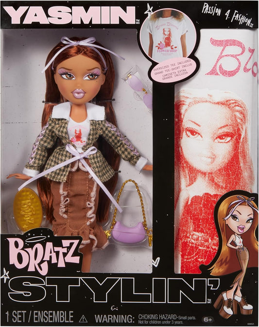Bratz Stylin' Yasmin - Boneca Fashion com Camiseta Personalizável, Acompanha Acessórios, Brinquedo Fofo para Meninas, Marrom