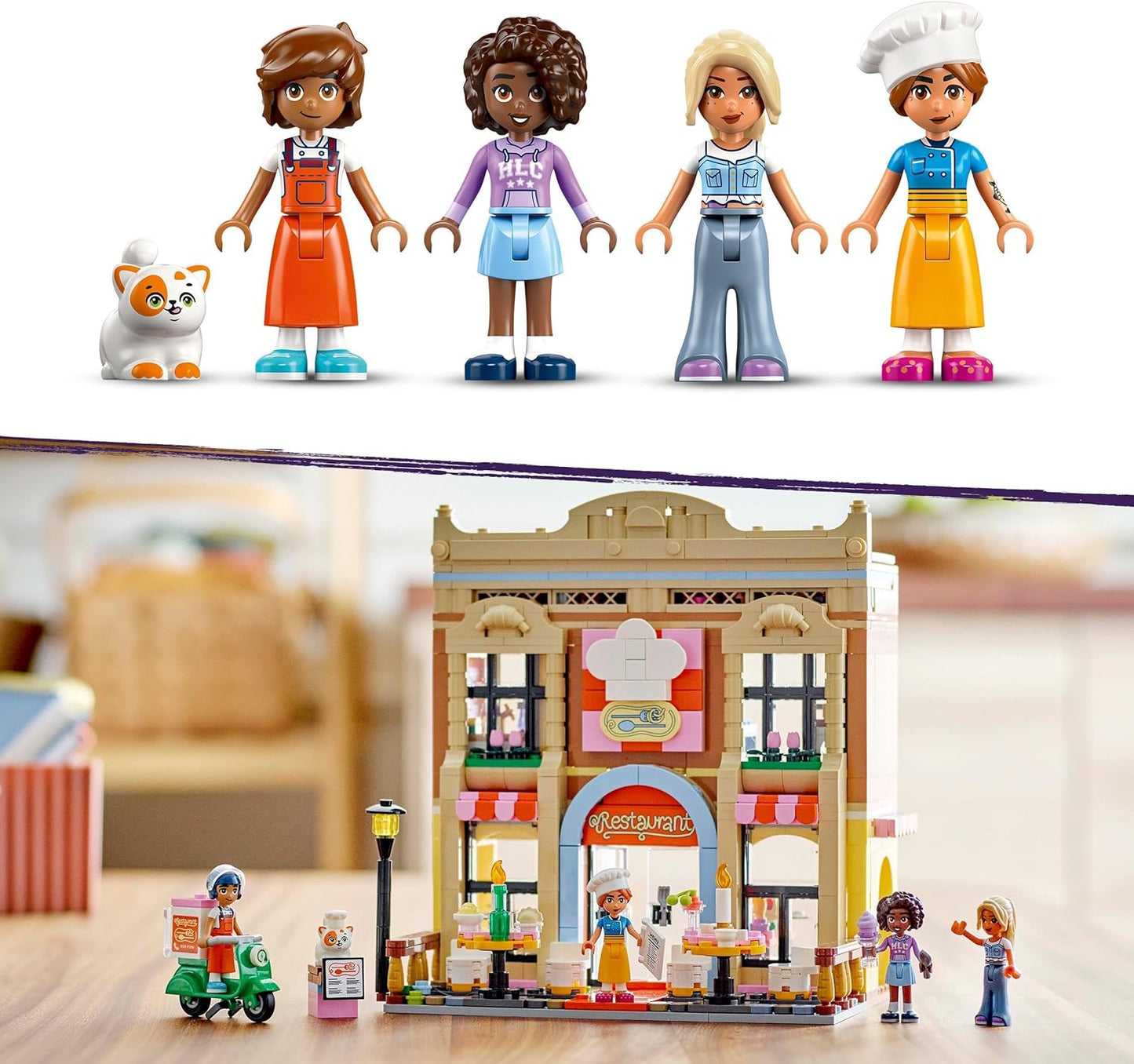 LEGO Friends Restaurant and Cooking School Set, Food Role-Play Toy with 4 Character Mini Dolls, a Cat Figure and Accessories, Birthday Gift for 8 Plus Year Old Girls