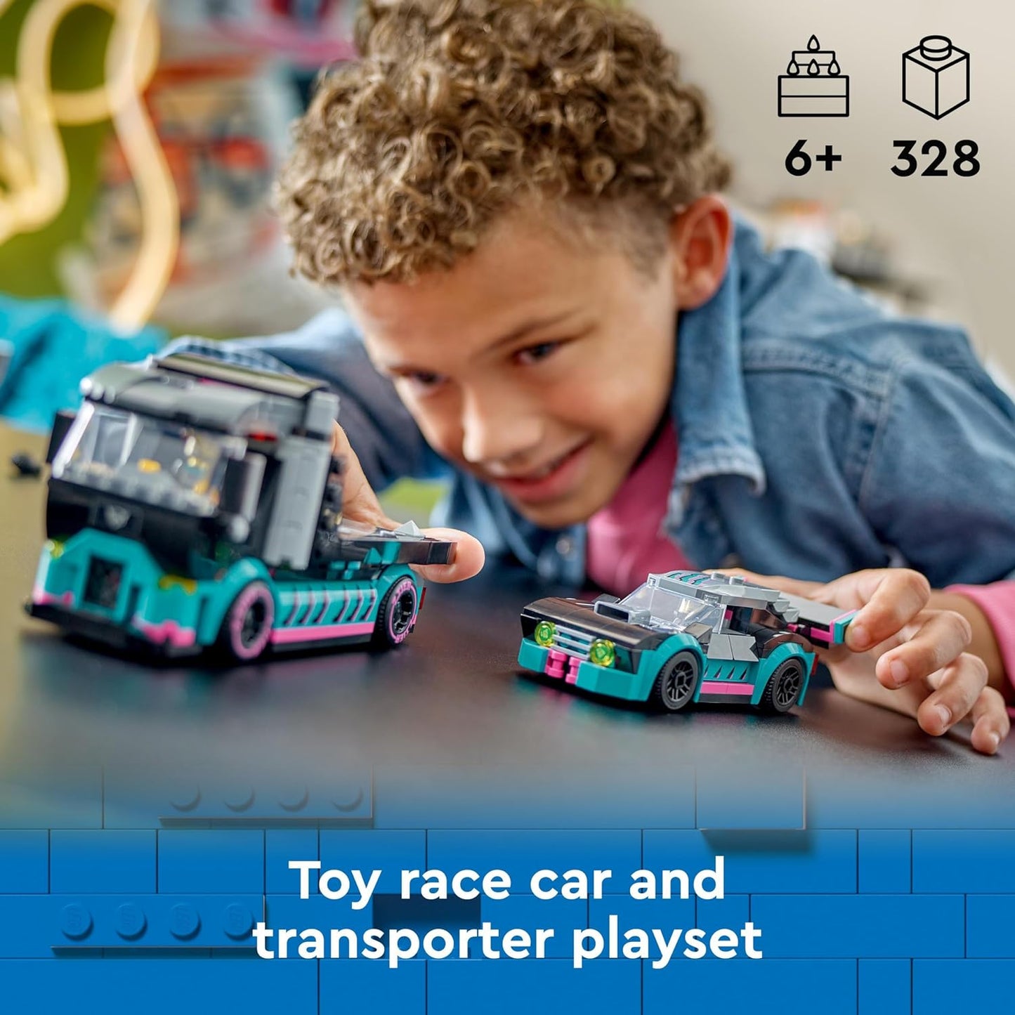 LEGO Conjunto de construção de brinquedo, veículo e transportador para carro de corrida urbano e caminhão transportador de carro para meninos e meninas de 6 anos ou mais com rampa de carregamento ajustável, minifiguras de piloto e motorista, presente