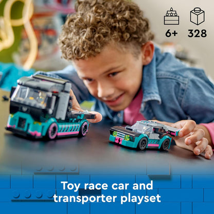 LEGO Conjunto de construção de brinquedo, veículo e transportador para carro de corrida urbano e caminhão transportador de carro para meninos e meninas de 6 anos ou mais com rampa de carregamento ajustável, minifiguras de piloto e motorista, presente