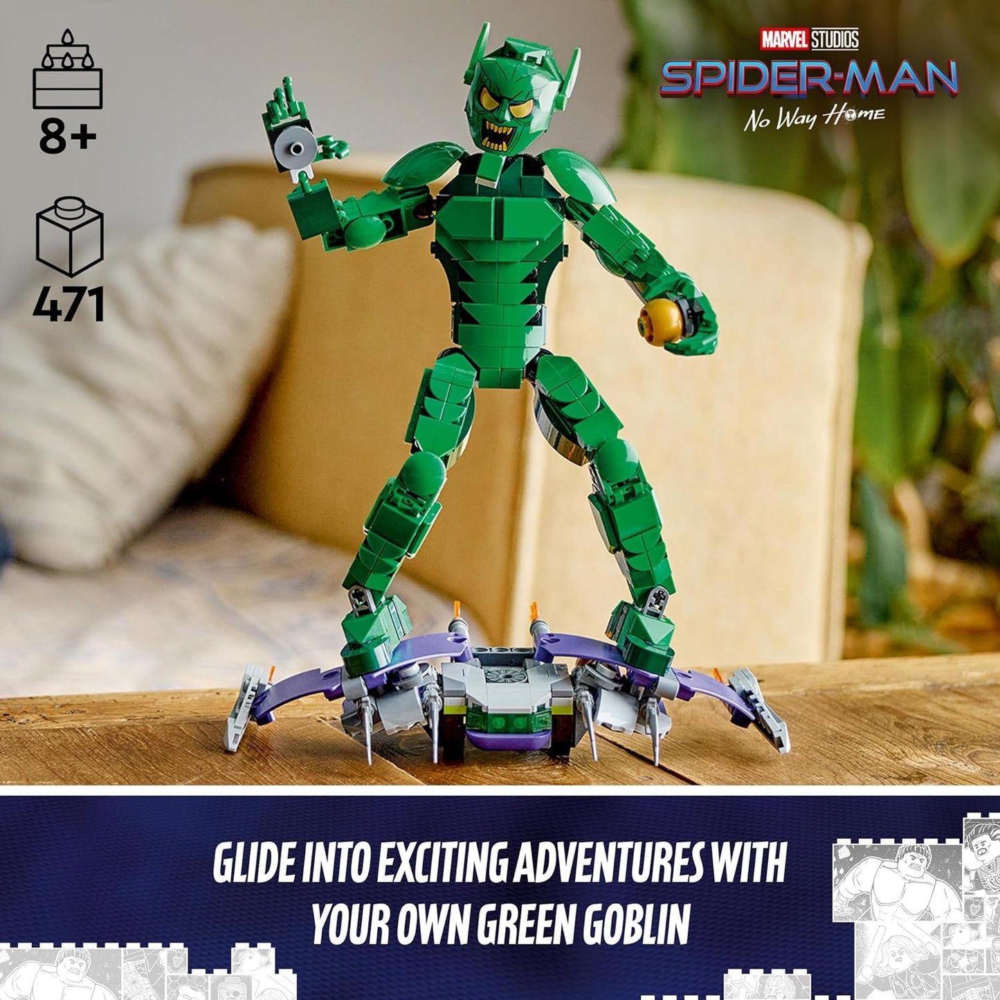 LEGO Marvel's Figura de construcción del Duende Verde, juguete de construcción de supervillano articulado para niños, niños y niñas a partir de 8 años, con planeador y bombas de calabaza, idea de regalo de superhéroe 76284