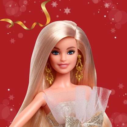 Barbie Signature, Barbie Loira de Natal 2025, Vestindo Vestido Prateado e Dourado, Colecionável Sazonal em Embalagem e Suporte para Exibição, JBJ00