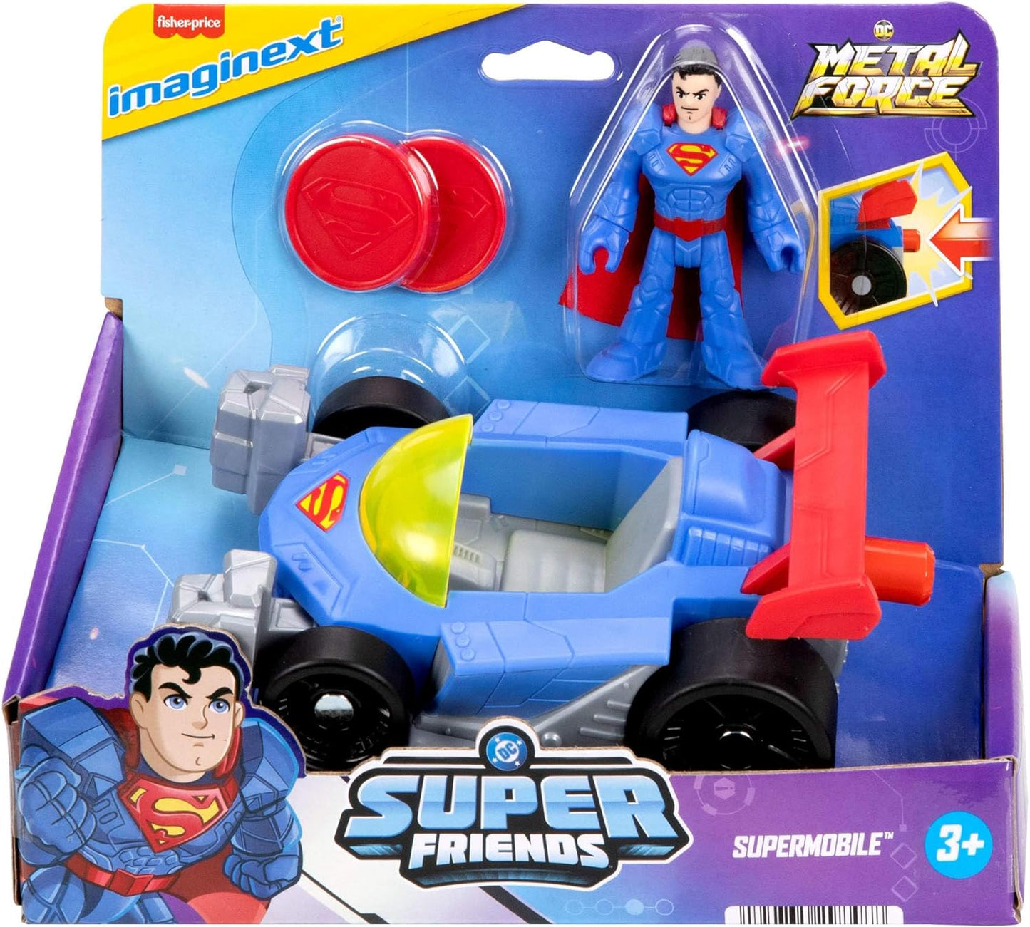 Fisher-Price Imaginext DC Super Friends Metal Force Supermobile - Carrinho de Brinquedo, Figura de Ação do Superman de 7,6 cm e Conjunto de Acessórios, Inclui Lançador e 2 Discos, JFJ69