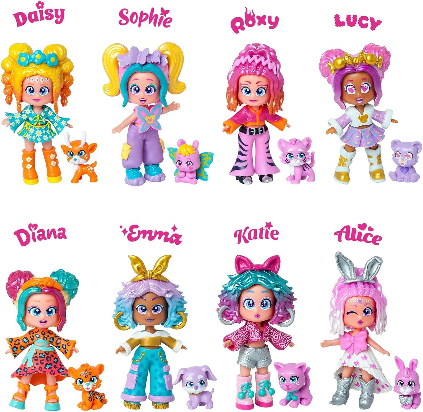 KOOKYLOOS Pet Party DAISY - Boneca margarida com animal de estimação veado. Inclui boneca Daisy, 1 animal de estimação, roupa e sapatos da moda e 1 acessório. 1 boneca, 3 rostos diferentes!
