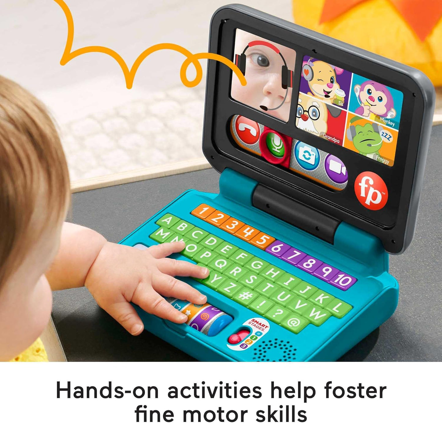 Laptop Fisher-Price Laugh & Learn Let's Connect - Edição em inglês do Reino Unido, brinquedo eletrônico com conteúdo de aprendizagem Smart Stages para bebês e crianças pequenas, HGW96