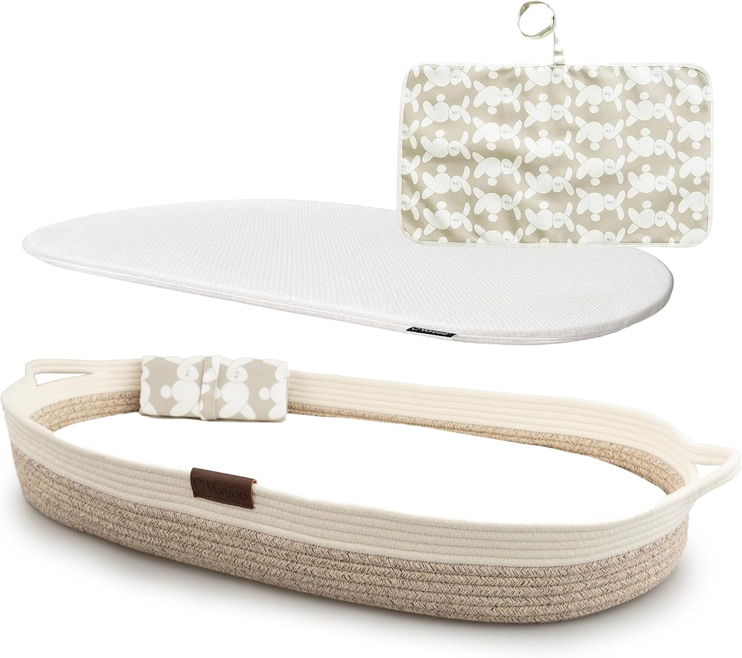 Yunioo Cesta de troca de bebê de luxo com trocador extra de viagem, trocador portátil premium com capa ultramacia, cesta de bebê de corda de algodão, trocador para cômoda