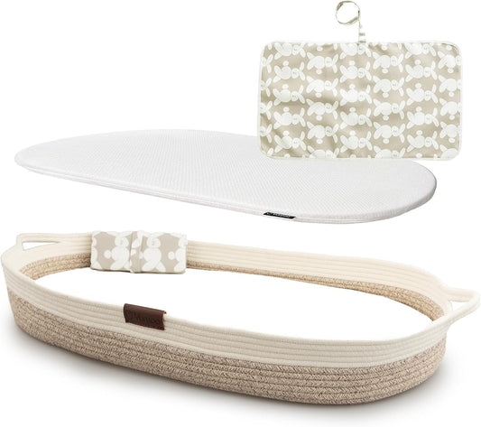 Yunioo Baby Changing Basket com trocador macio e portátil para cômoda e trocador, itens essenciais para recém-nascidos – Branco Bege