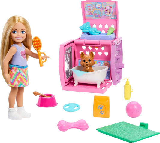 Barbie Conjunto de Brinquedo Chelsea® com Bolsa para Cachorrinho, Boneca Pequena Loira e Acessórios, Bolsa para Cachorrinho com Peças Temáticas de Cachorrinho, JDF89