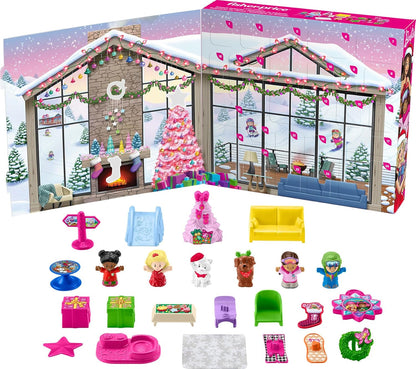 Fisher-Price Calendário do Advento da Barbie Little People da e conjunto de brinquedos para crianças, 24 bonecos de Natal e peças de brincar