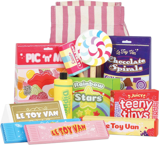 Le Toy Van - Conjunto de comida para brincar de doces e doces de madeira | Brinquedo de comida de madeira para dramatização infantil - adequado para 2 anos +