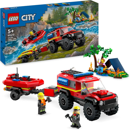 LEGO Carro de bombeiros City 4x4 com brinquedos de construção de barco de resgate para meninos e meninas de mais de 5 anos, conjunto de brincadeiras imaginativas inclui um bote, trailer, barraca, trailer