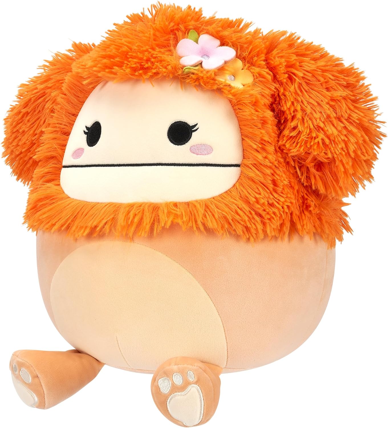 Squishmallows SQCR05428 12 polegadas-Shasta The Light Orange Bigfoot com alfinete de flor, multicor