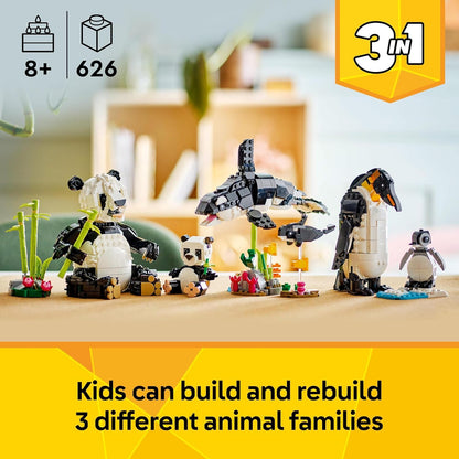LEGO Creator 3in1 Wild Animals: Panda Family Toy - Transforma-se em figuras de pinguins ou brinquedos de baleia orca - Conjunto de construção para meninas e meninos amantes da natureza com mais de 8 anos - Presente de aniversário criativo
