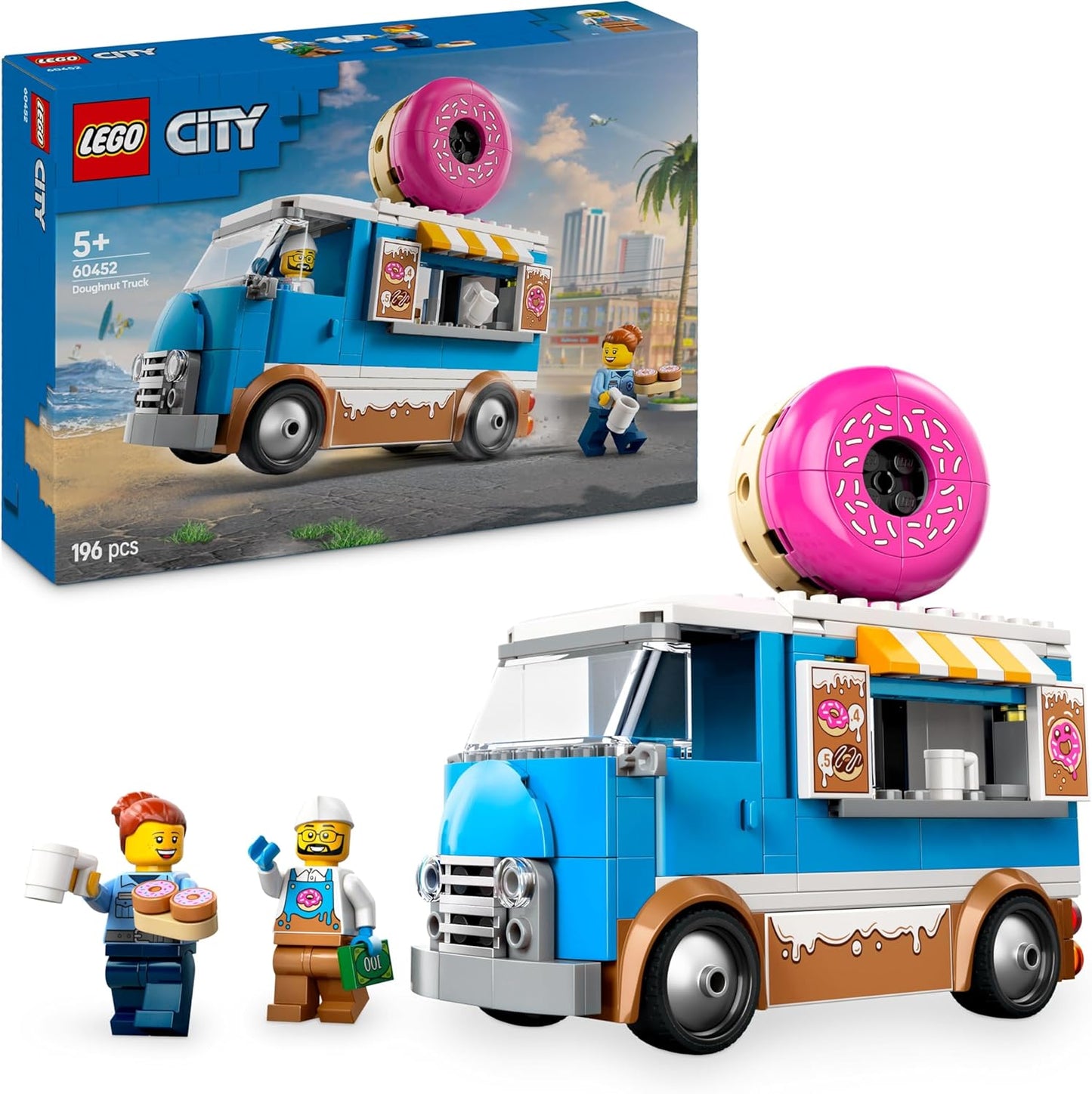 LEGO Brinquedo de caminhão Donut City com 2 minifiguras - Brinquedos de construção criativos para meninos e meninas com mais de 5 anos - Barraca móvel de comida com acessórios - Ideias divertidas de presentes para aniversários