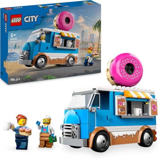 LEGO Brinquedo de caminhão Donut City com 2 minifiguras - Brinquedos de construção criativos para meninos e meninas com mais de 5 anos - Barraca móvel de comida com acessórios - Ideias divertidas de presentes para aniversários