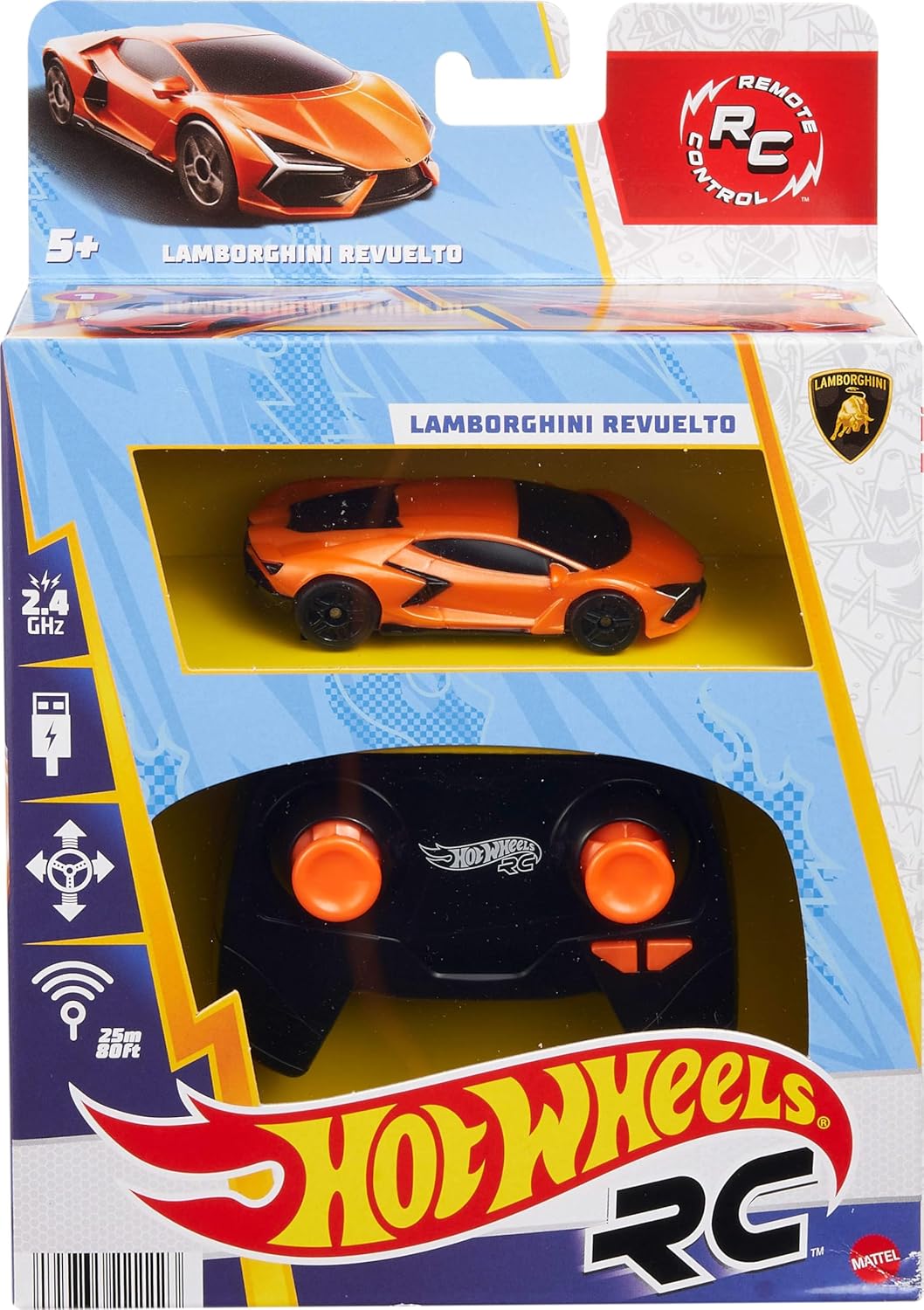 Hot Wheels Carrinho de brinquedo RC, Lamborghini Revuelto com controle remoto na escala 1:64, recarregável com cabo USB, corridas e manobras dentro e fora da pista com turbo boost, HWW55