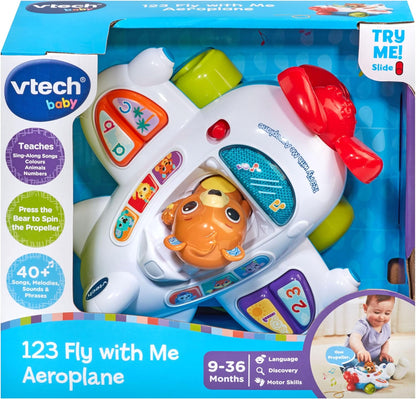 VTech Avião Baby 123 Fly with Me, brinquedo interativo com hélice giratória, números, sons de letras, músicas e frases, presente para bebês de 12, 18, 24 meses +, versão em inglês